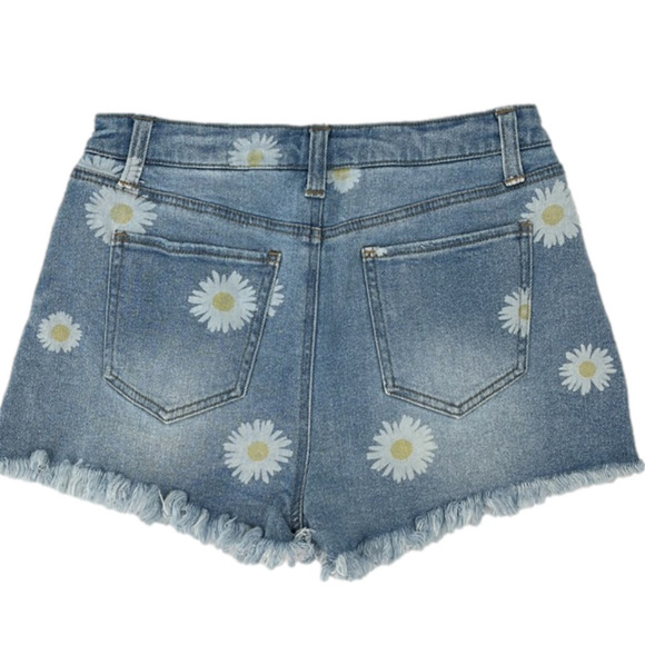 DAISY Light Wash Raw Hem High Rise Denim Jean Shorts 9 - Picture 3 of 5